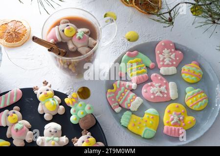 Christmas marshmallows. Winter candy. Sweet food for ugly sweater party in december Stock Photo