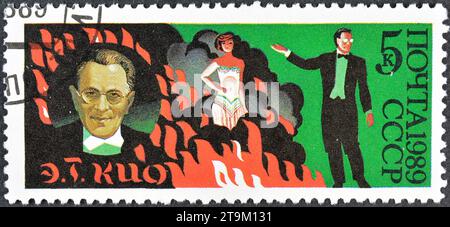 Cancelled postage stamp printed by Soviet Union, that shows E.T. Kio (Illusionist), 70th Anniversary of Soviet Circus, circa 1989. Stock Photo