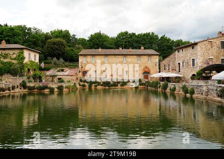 The Old Baths of St. Catherine in ancient village of Bagno Vignoni, Tuscany, Italy 11.05.2023 Stock Photo