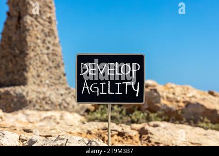 Develop agility symbol. Concept words Develop agility on beautiful black chalk blackboard on a beautiful beach stone blue sky background. Business, su Stock Photo