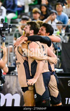 Hong Kong, China. 26th Nov, 2023. Players of Amsterdam HiPRO celebrate after winning the final between Amsterdam HiPRO of the Netherlands and Raudondvaris Hoptrans of Lithuania at the 2023 3X3 World Tour Hong Kong Masters in Hong Kong, south China, Nov. 26, 2023. Credit: Zhu Wei/Xinhua/Alamy Live News Stock Photo