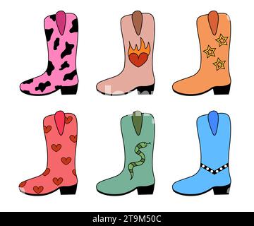Set of trendy cowgirl boots. Collection wild west shoes different design. Vector flat illustration. Stock Vector