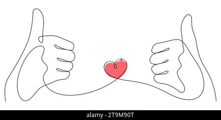 thumbs up in one line drawing love gesture and heart minimalism concept vector illustration Stock Vector