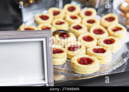 Small pizzas served on a glass plate as an appetizer. Parties. Events. Stock Photo