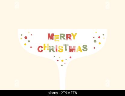 Multicolored Merry Christmas text in coupe champagne glass on beige background. Christmas greeting card. Flat vector illustration Stock Vector