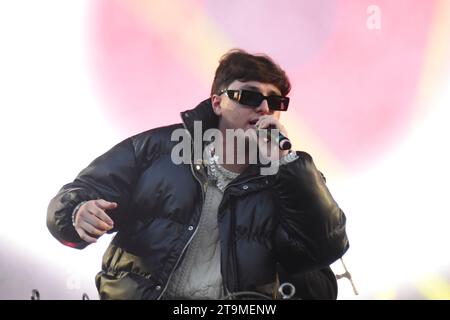 Mexico City, Mexico. 25th Nov, 2023. November 25, 2023, Mexico City, Mexico: Mexican singer Gabito Ballesteros, performs on stage as part of the 'Coca Cola Flow Fest 2023' reggaeton music Festival at Autodromo Hermanos Rodriguez. on November 25, 2023 in Mexico City, Mexico. (Photo by Essene Hernandez/ Eyepix/Sipa USA) Credit: Sipa USA/Alamy Live News Stock Photo