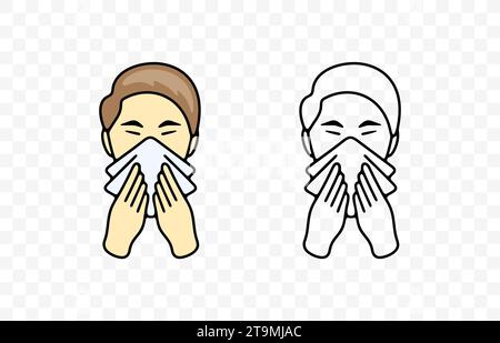 Sick man blowing her nose or sneezing into handkerchief, graphic design. Disease, illness, sickness, virus and treatment, vector design Stock Vector
