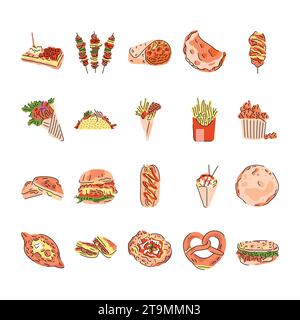 Cartoon street food color elements. Isolated vector illustration. Stock Vector