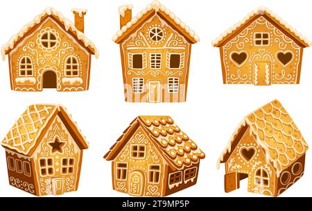 Cartoon gingerbread houses. Gingerbreads house, biscuit buildings cooking ginger bread icing candy cookie for christmas holiday, sugar sweet decoration vector illustration of house gingerbread Stock Vector