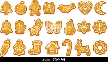Cartoon homemade gingerbreads. Gingerbread biscuit handmade icing cookie, ginger bread shape man, cake gift snowman star reindeer christmas ornament, neoteric vector illustration of gingerbread cookie Stock Vector