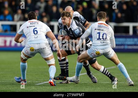 Newcastle, UK. 20th Oct, 2023. Pedro Rubiolo of Newcastle Falcons drives forward during the Gallagher Premiership match between Newcastle Falcons and Exeter Chiefs at Kingston Park, Newcastle on Sunday 26th November 2023. (Photo: Chris Lishman | MI News) Credit: MI News & Sport /Alamy Live News Stock Photo