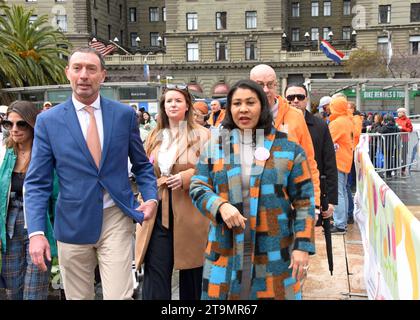 San Francisco, CA - March 4, 2023: Mayor London Breed at Union Square where 80,000 tulips are being given out for National Womens Day. Stock Photo