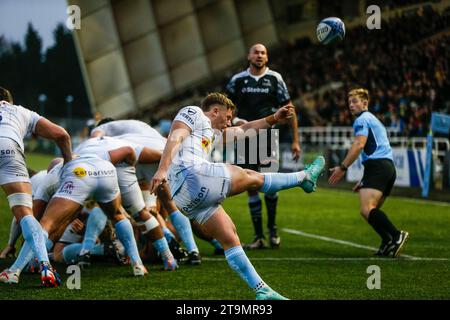 Newcastle, UK. 20th Oct, 2023. Tom Cairns of Exeter Chiefs clears during the Gallagher Premiership match between Newcastle Falcons and Exeter Chiefs at Kingston Park, Newcastle on Sunday 26th November 2023. (Photo: Chris Lishman | MI News) Credit: MI News & Sport /Alamy Live News Stock Photo