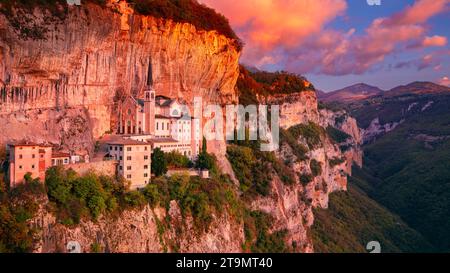 Madonna della Corona, Italy. Aerial image of the unique Sanctuary Madonna della Corona (Sanctuary of the Lady of  the Crown) was built in the rock, lo Stock Photo