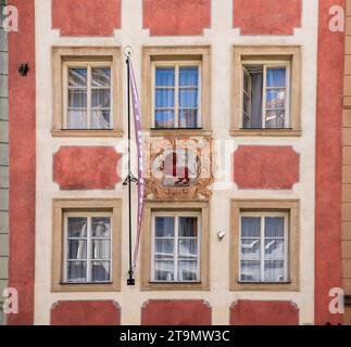 Prague, Bohemia – CZ – June 3, 2023 The colorful decorative crest of  the Hotel Red Lion, an upscale hotel set in a colorful, 15th-century rowhouse in Stock Photo