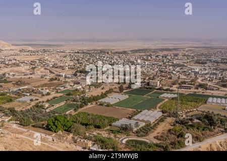 The aerial view on the farms, and residential houses at Jericho, West Bank, Palestine, during the hot summer day. Stock Photo