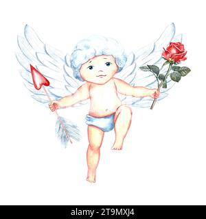 Cute charming Cupid with an arrow and a rose. Baby Cupid, little angel. Watercolor illustration, hand-drawn. A design element for Valentine's Day and Stock Photo