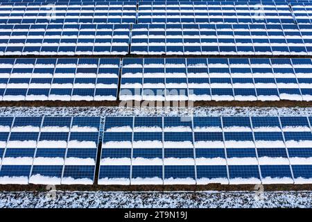 One third of the solar panels are covered in snow and therefore no longer perform at 100 percent Stock Photo
