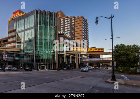 The elevated Peoplemover winds its way through downtown Detroit, United States Stock Photo