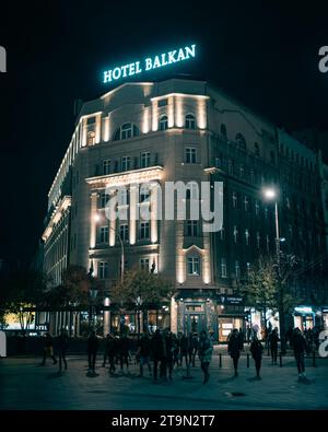 Hotel Balkan at night in Belgrade, Serbia Stock Photo