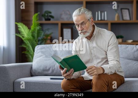 Serious and focused senior gray-haired man sitting on the couch at home wearing glasses and reading a book. Stock Photo