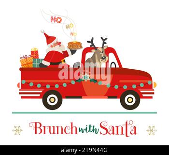 Brunch with Santa Fancy Festive vector flat poster. Cute Santa deliver pancakes in red truck. Fun breakfast Christmas kids enjoy. New Year eve fest Stock Vector