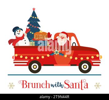 Brunch with Santa Festive Holiday fancy vector poster. Santa deliver pancakes by red truck. Funny breakfast Christmas kids enjoy. New Year eve fest Stock Vector