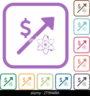 Rising atomic energy american dollar prices simple icons in color rounded square frames on white background Stock Vector