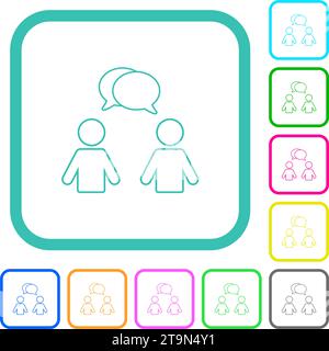Two talking persons with oval bubbles outline vivid colored flat icons in curved borders on white background Stock Vector