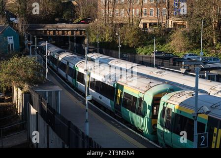 Trains at the platforms in Lewes Station, East Sussex Stock Photo