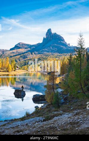 Spectacular autumn landscape of an alpine lake in the Dolomites Stock Photo