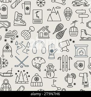 Winter active recreation and extreme sports seamless vector pattern with ski track, snowboard, hockey. Linear icon Stock Vector