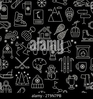 Winter active recreation and extreme sports seamless vector pattern with ski track, snowboard, hockey. Linear icons on a black background Stock Vector
