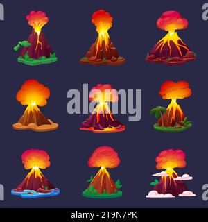 Cartoon volcano elements. Eruption volcanoes, isolated fire and magma and lava from mountains. Nature explosion, erupted cataclysm nowaday vector set Stock Vector