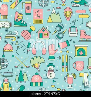 Winter active recreation and extreme sports seamless vector pattern with ski track, snowboard, hockey. Color icons Stock Vector