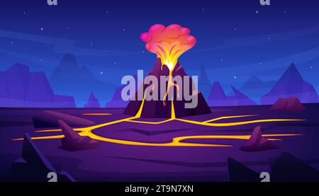 Volcano eruption at night. Surreal natural landscape with cracked earth and mountain with fire, magma and lava. Volcanic disaster, nowaday vector Stock Vector