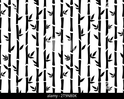 Bamboo forest texture, black sticks with leaves seamless pattern. Japanese or chinese style stalks, decorative nature nowaday vector background Stock Vector