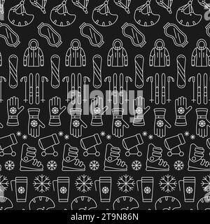 Winter active recreation and extreme sports seamless vector pattern with ski, snowboard. Linear icons on a black background Stock Vector