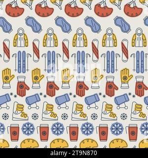 Winter active recreation and extreme sports seamless vector pattern with ski, snowboard. Linear icons with color Stock Vector
