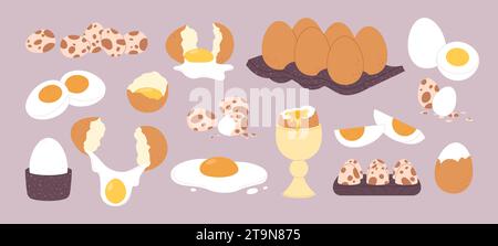 Cartoon eggs clipart. Quail and chicken edd, cracked shell and broken eggshell. Protein food various cooked, fried, raw and boiled, racy vector set Stock Vector