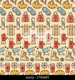 Winter active recreation and extreme sports seamless vector pattern with ski, snowboard. Linear icons with color Stock Vector