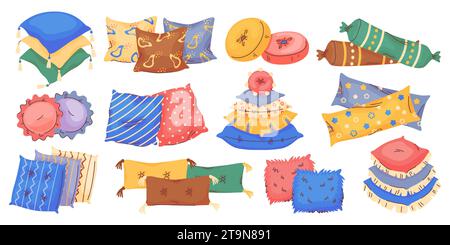 Decorative cushions. Patterned pillows. Home comfort and style. Textile pillowcases with cute elements. Relax accessories. Soft bedding. Cozy objects Stock Vector