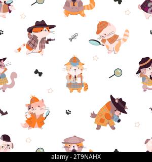 Animal detectives. Cute cartoon cats investigation, kitty wear costumes and looking evidence. Funny childish fabric print, nowaday vector background Stock Vector