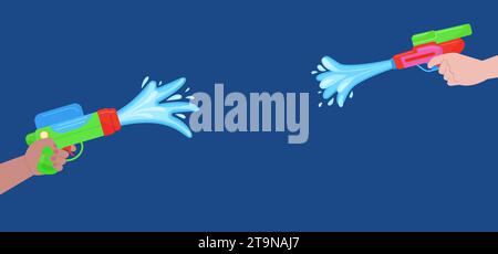 Hands hold water guns and spraying water. Songkran festival banner template. Children play outside with bright weapon, decent vector background Stock Vector