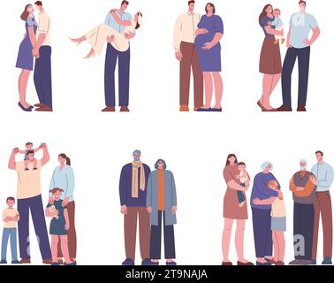 Family stages from teens to old people with descendants. Relationship development step by step. Different ages in love kicky vector scenes Stock Vector