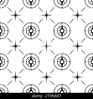 Compass seamless pattern. Monochrome marine texture, decorative nautical mood fabric texture with wind rose. Sea or ocean classic decent vector Stock Vector