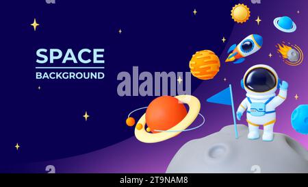 3d space background. Realistic plastic planet, astronaut in suit on moon with flag. Flying rocket in universe, open cosmos adventures pithy vector Stock Vector