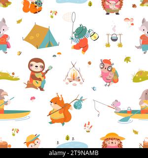 Travel animals seamless pattern. Funny forest animal, cute frog, fox and hedgehog. Childish fabric print graphic design, nowaday vector background Stock Vector
