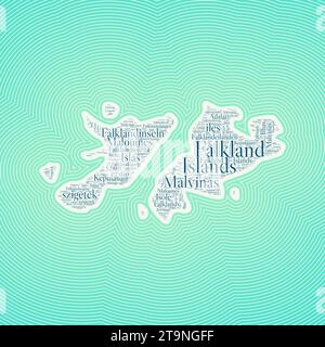 Falklands shape formed by country name in multiple languages. Falklands border on stylish striped gradient background. Vibrant poster. Elegant vector Stock Vector