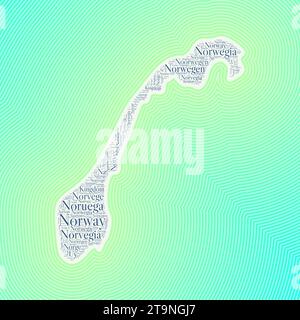 Norway shape formed by country name in multiple languages. Norway border on stylish striped gradient background. Vibrant poster. Elegant vector illust Stock Vector